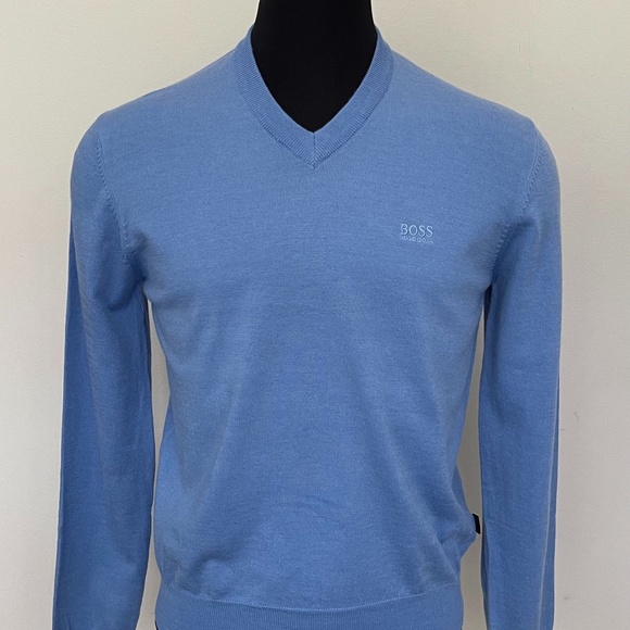New Hugo Boss Sweater V neck Blue Wool Sweater Pullover - Picture 2 of 6